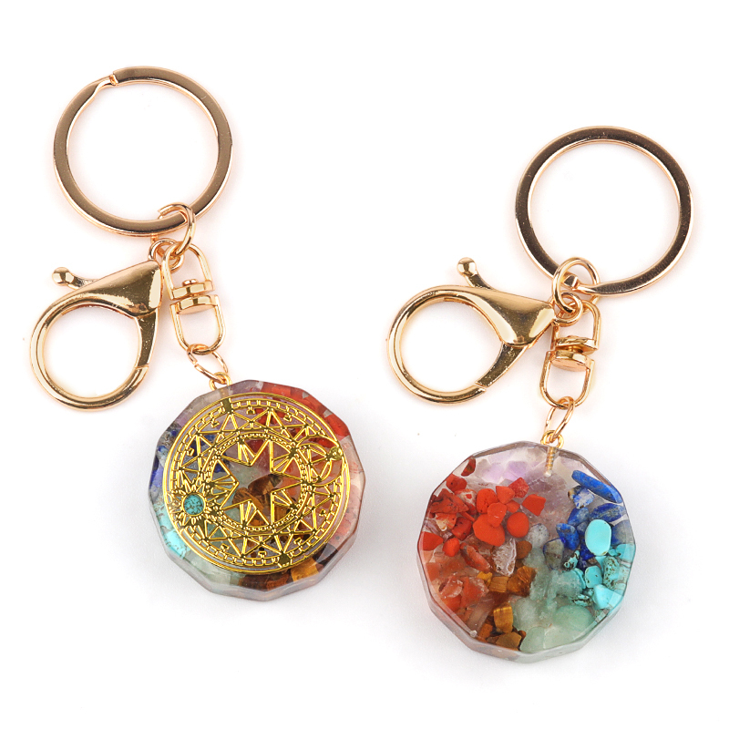 Gold Pattern Resin Polygon 7 Chakra Stone Pendant For DIY Making Jewelry