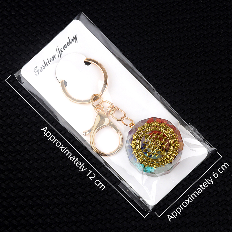 Gold Pattern Resin Polygon 7 Chakra Stone Pendant Keychain