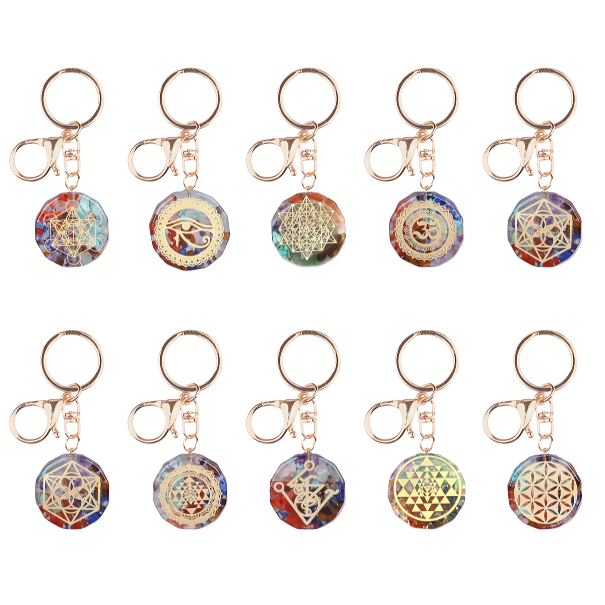 Gold Pattern Resin Polygon 7 Chakra Stone Pendant Keychain