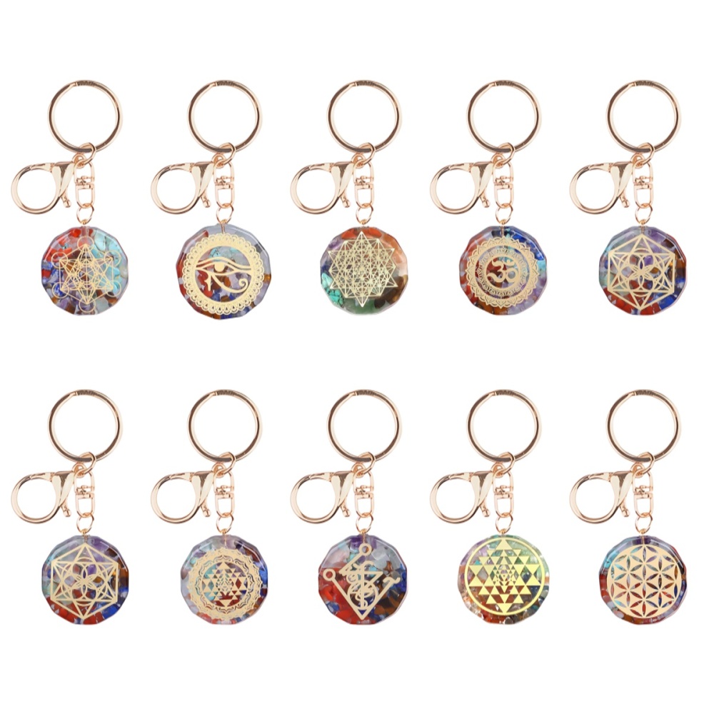 Gold Pattern Resin Polygon 7 Chakra Stone Pendant Keychain
