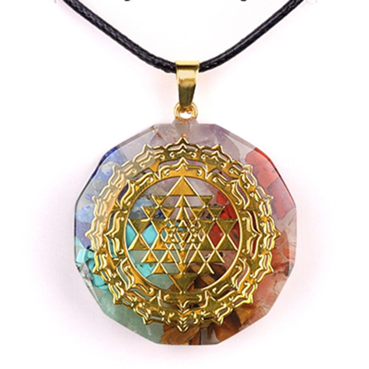 Gold Pattern Resin Polygon 7 Chakra Stone Pendant For DIY Making Jewelry