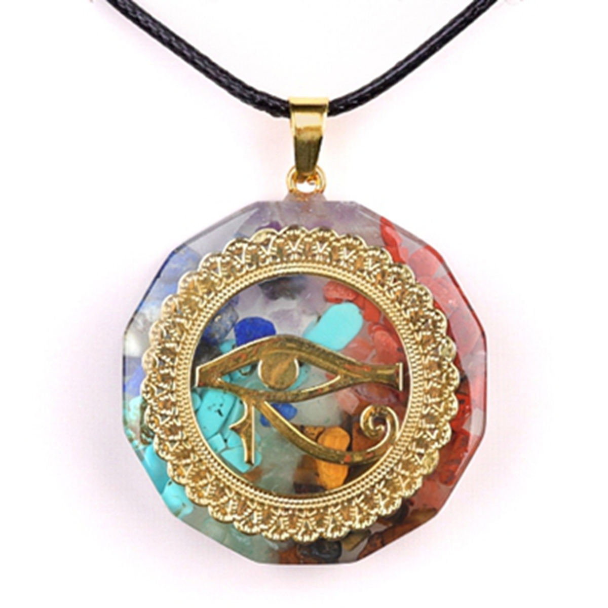 Gold Pattern Resin Polygon 7 Chakra Stone Pendant Necklace 45cm Black Cord