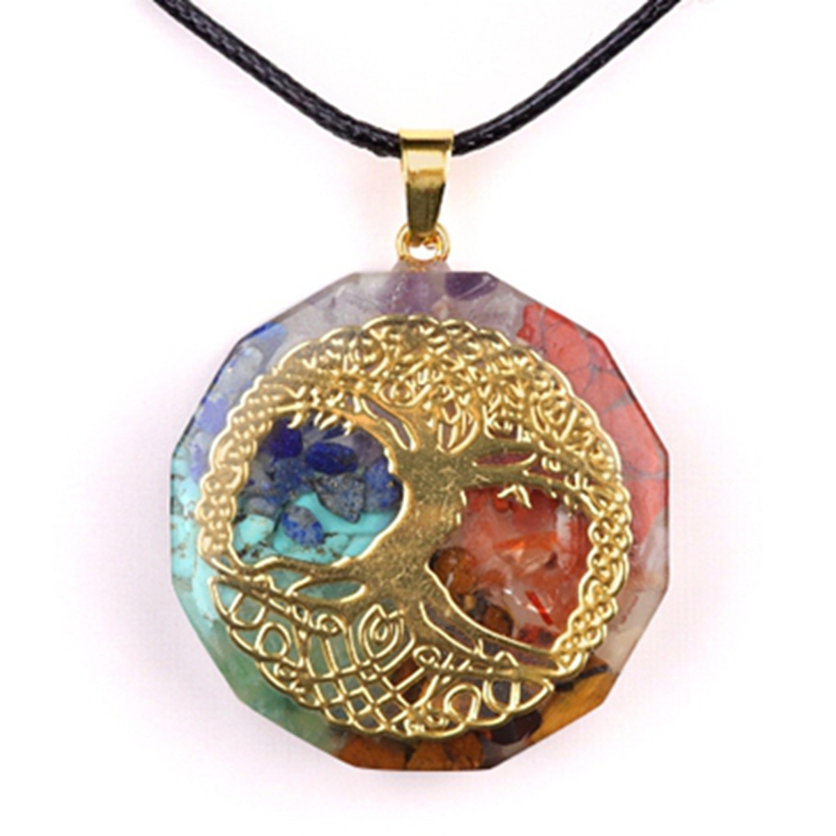 Gold Pattern Resin Polygon 7 Chakra Stone Pendant Necklace 45cm Black Cord