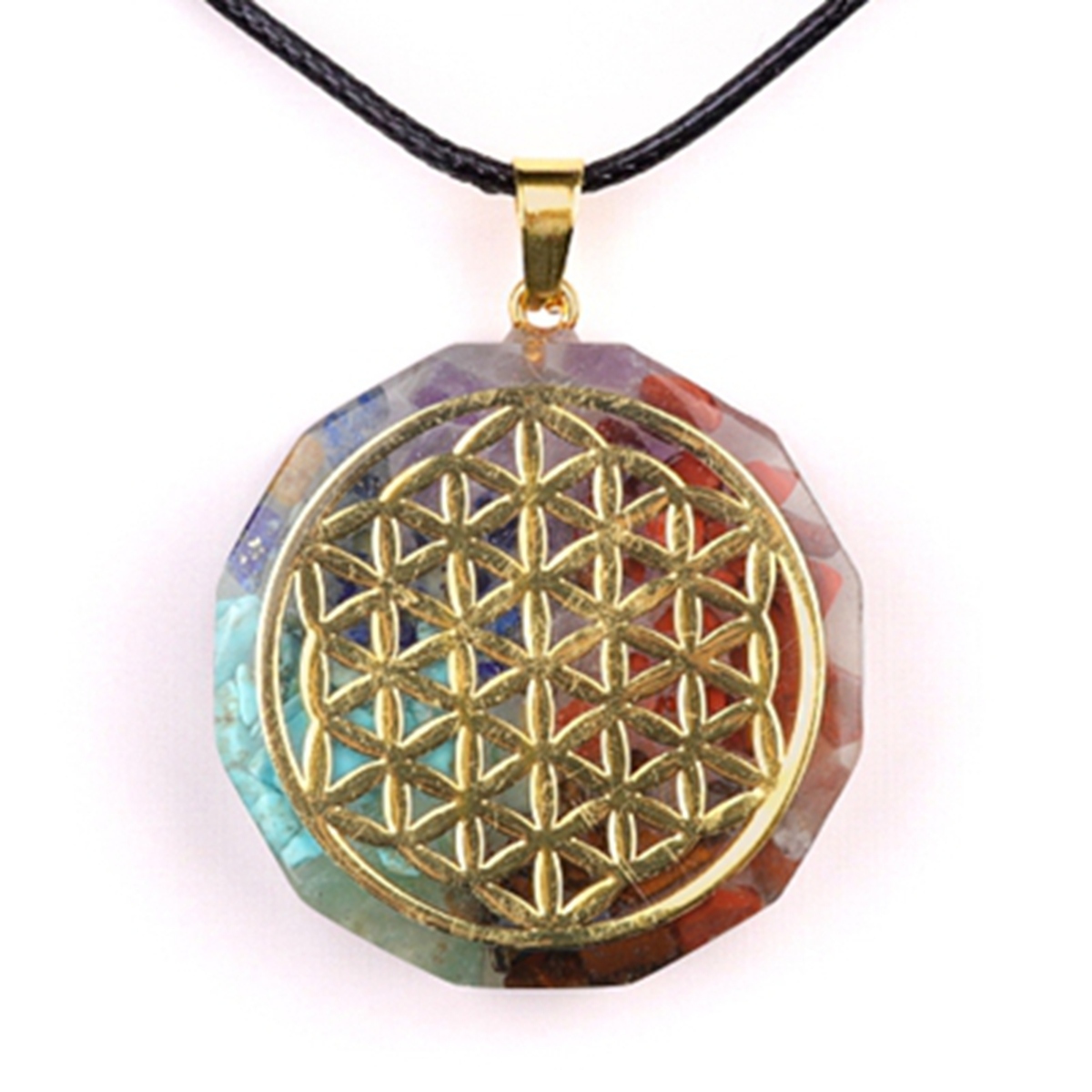 Gold Pattern Resin Polygon 7 Chakra Stone Pendant Necklace 45cm Black Cord