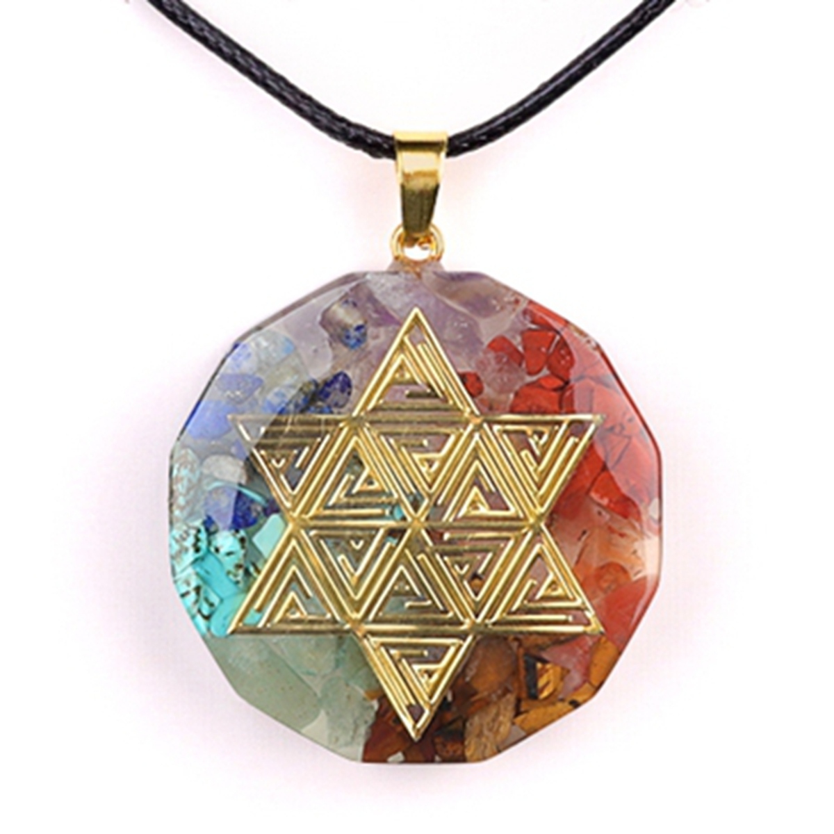 Gold Pattern Resin Polygon 7 Chakra Stone Pendant Necklace 45cm Black Cord