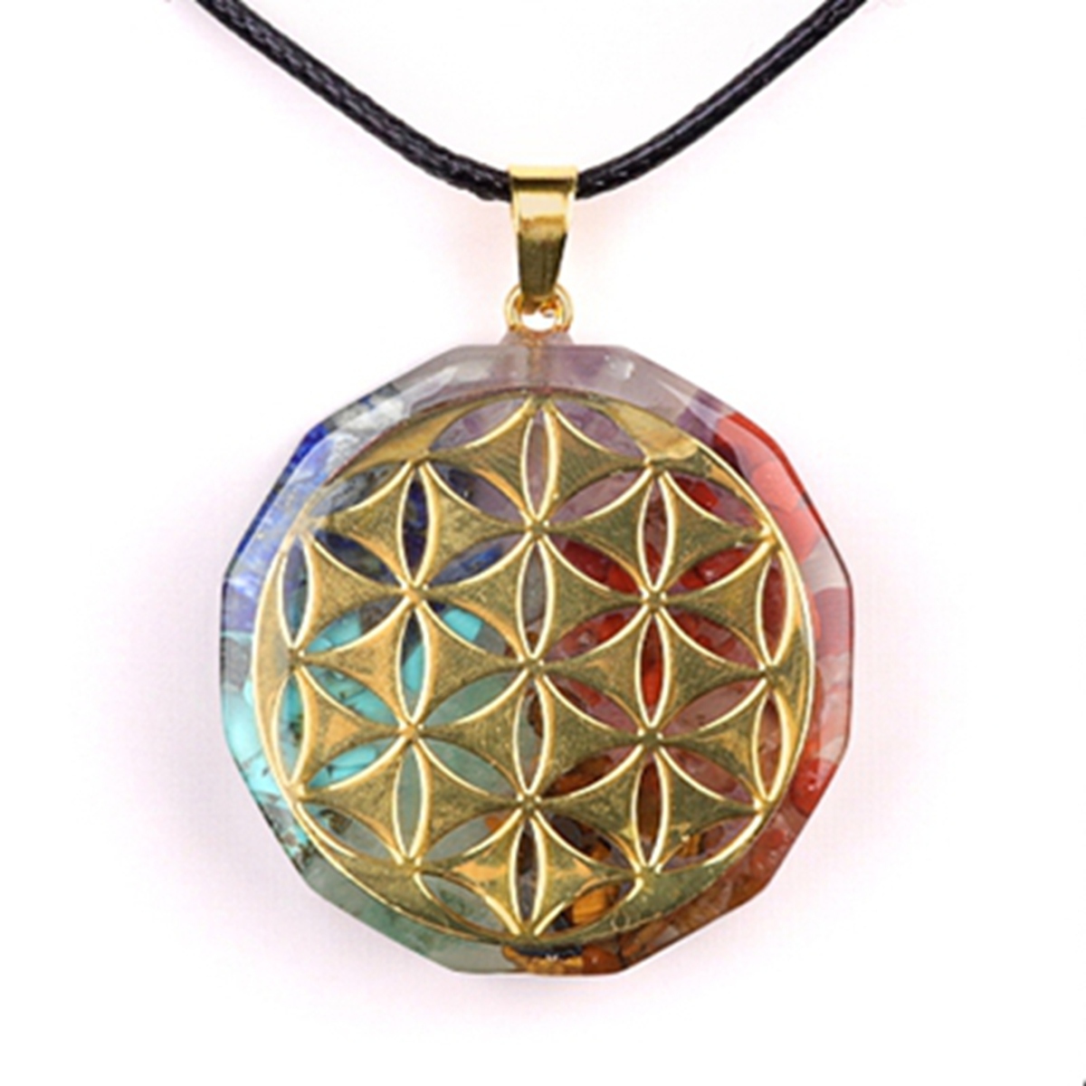 Gold Pattern Resin Polygon 7 Chakra Stone Pendant Necklace 45cm Black Cord