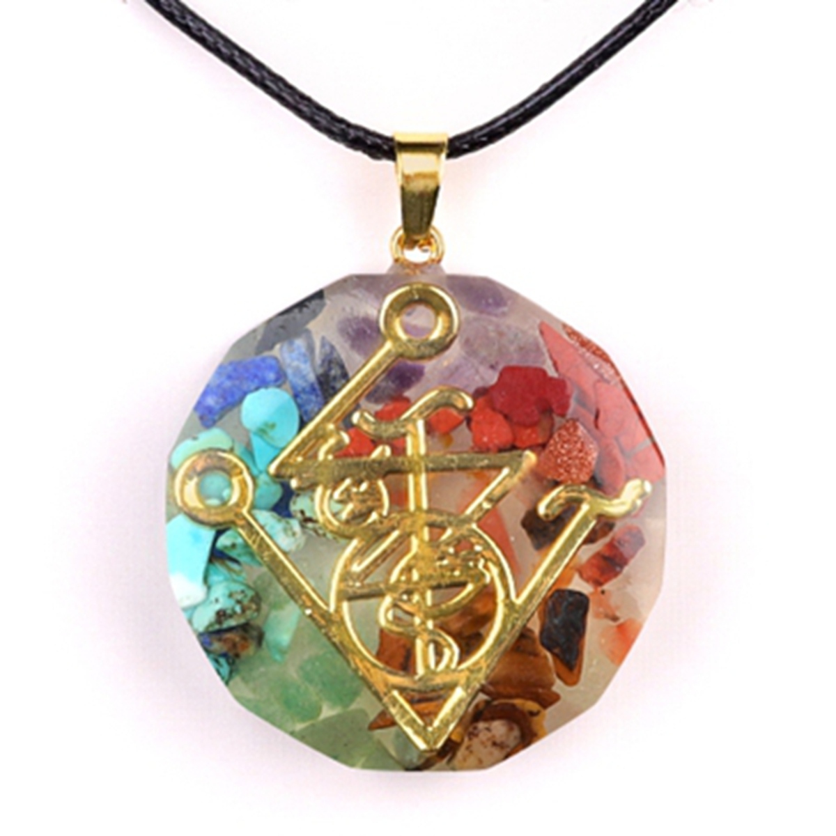 Gold Pattern Resin Polygon 7 Chakra Stone Pendant Necklace 45cm Black Cord