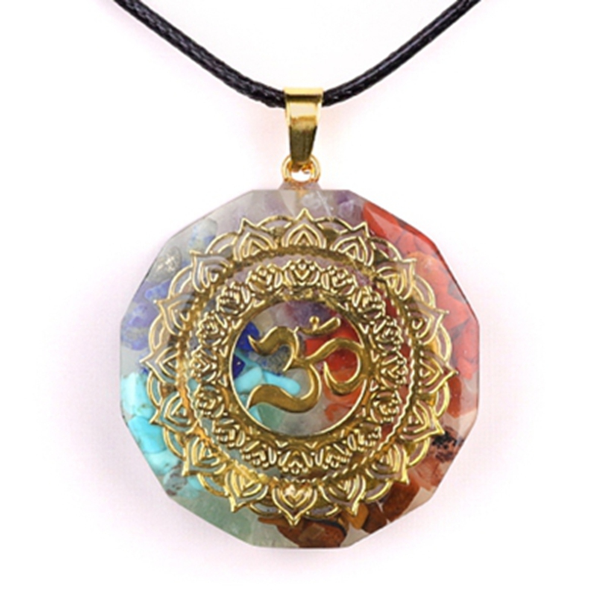 Gold Pattern Resin Polygon 7 Chakra Stone Pendant Necklace 45cm Black Cord