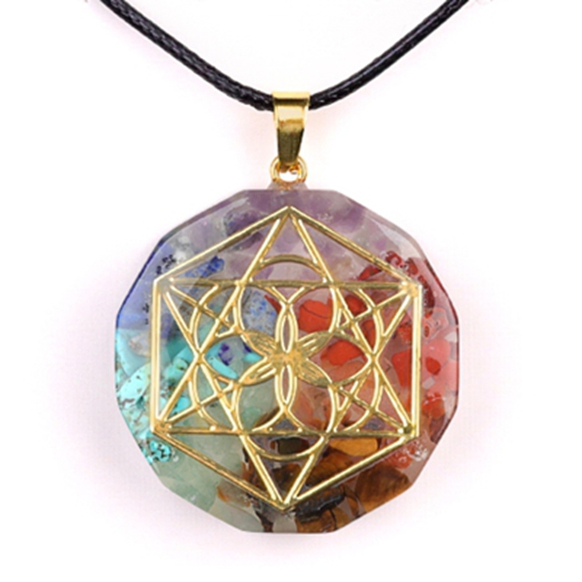 Gold Pattern Resin Polygon 7 Chakra Stone Pendant Necklace 45cm Black Cord