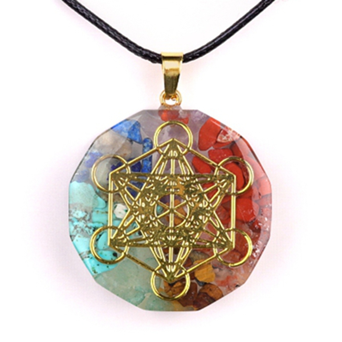 Gold Pattern Resin Polygon 7 Chakra Stone Pendant Necklace 45cm Black Cord