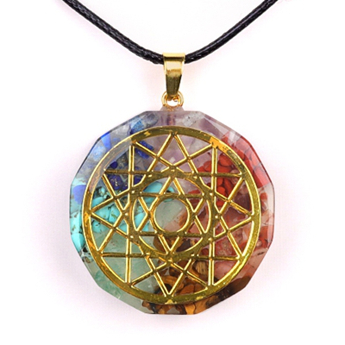 Gold Pattern Resin Polygon 7 Chakra Stone Pendant Necklace 45cm Black Cord