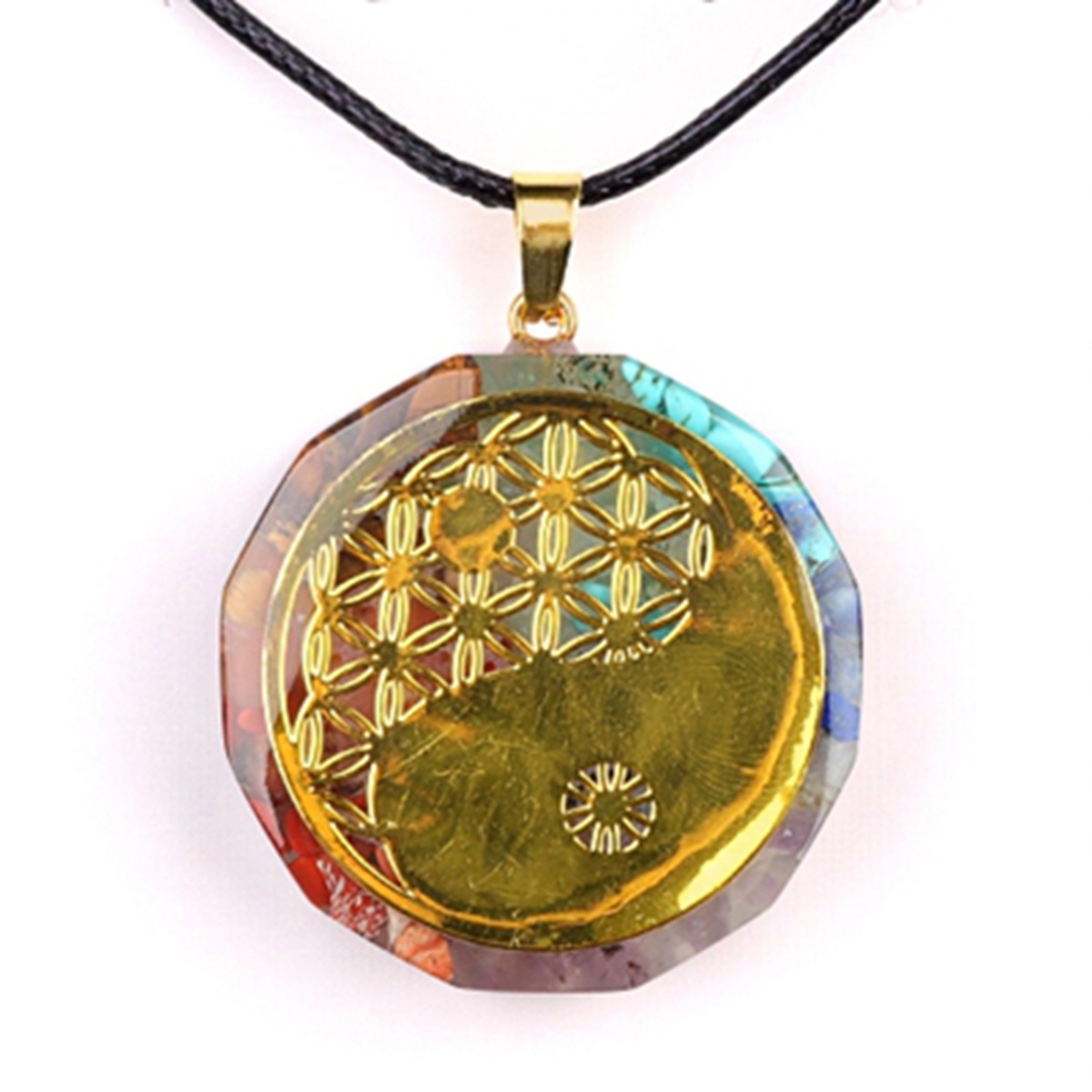 Gold Pattern Resin Polygon 7 Chakra Stone Pendant Necklace 45cm Black Cord