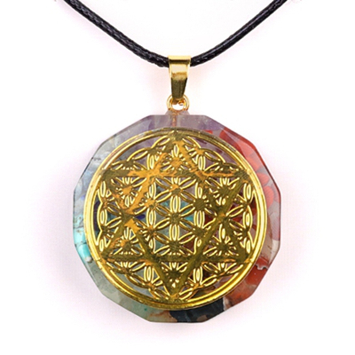 Gold Pattern Resin Polygon 7 Chakra Stone Pendant Necklace 45cm Black Cord