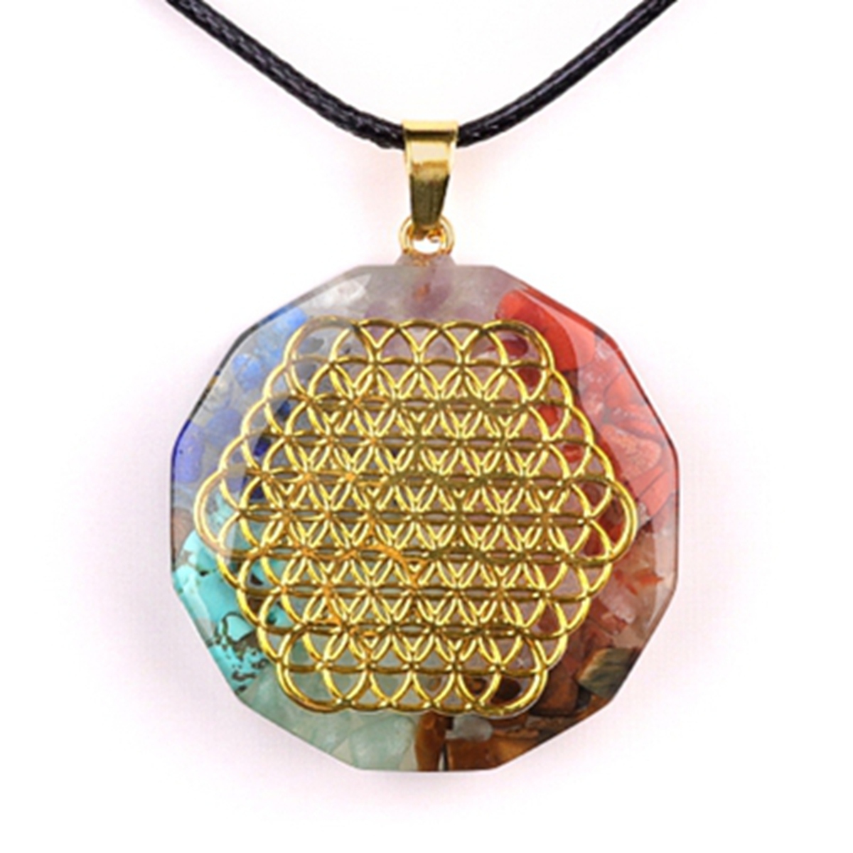 Gold Pattern Resin Polygon 7 Chakra Stone Pendant Necklace 45cm Black Cord