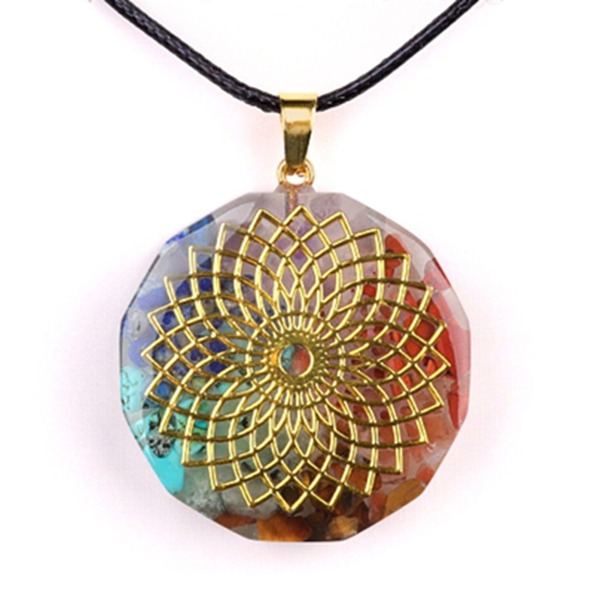 Gold Pattern Resin Polygon 7 Chakra Stone Pendant Necklace 45cm Black Cord