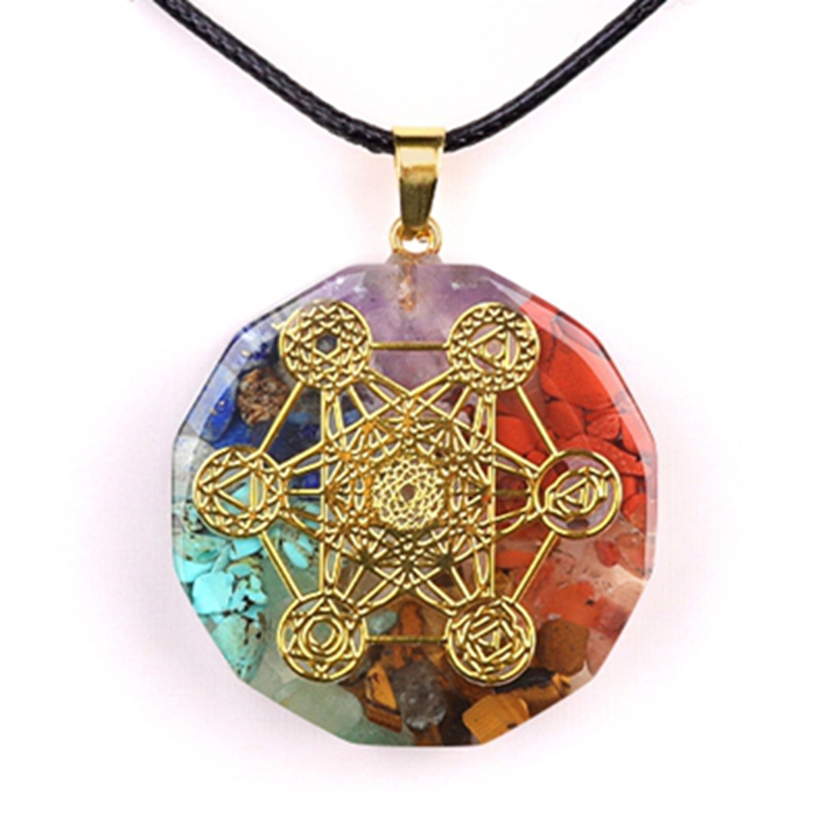 Gold Pattern Resin Polygon 7 Chakra Stone Pendant Necklace 45cm Black Cord