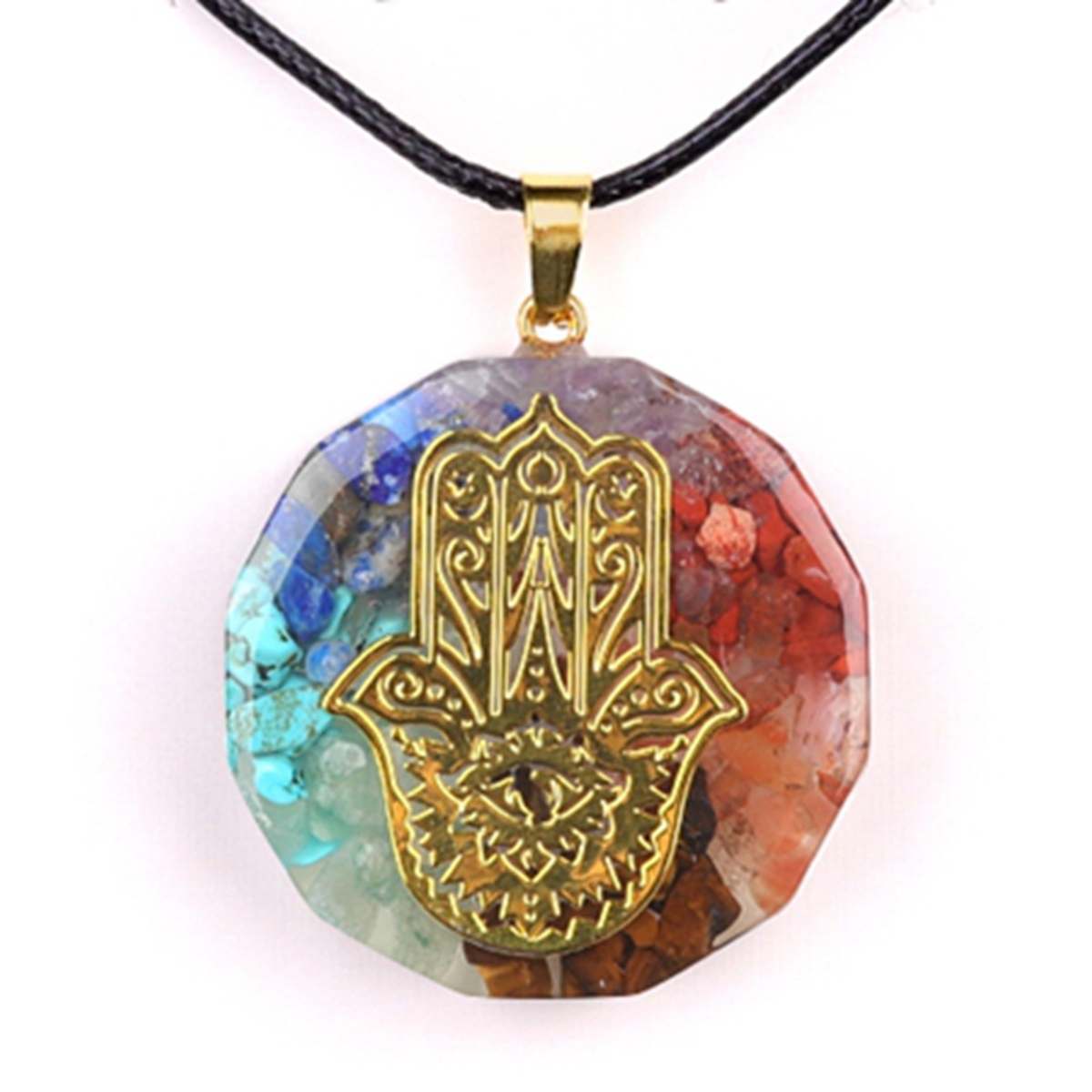 Gold Pattern Resin Polygon 7 Chakra Stone Pendant Necklace 45cm Black Cord
