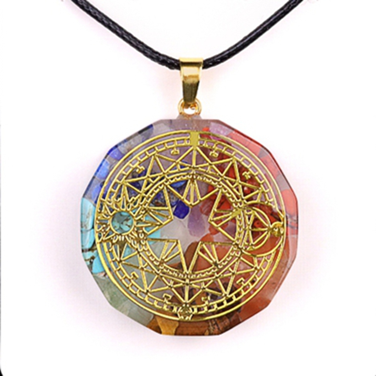 Gold Pattern Resin Polygon 7 Chakra Stone Pendant Necklace 45cm Black Cord