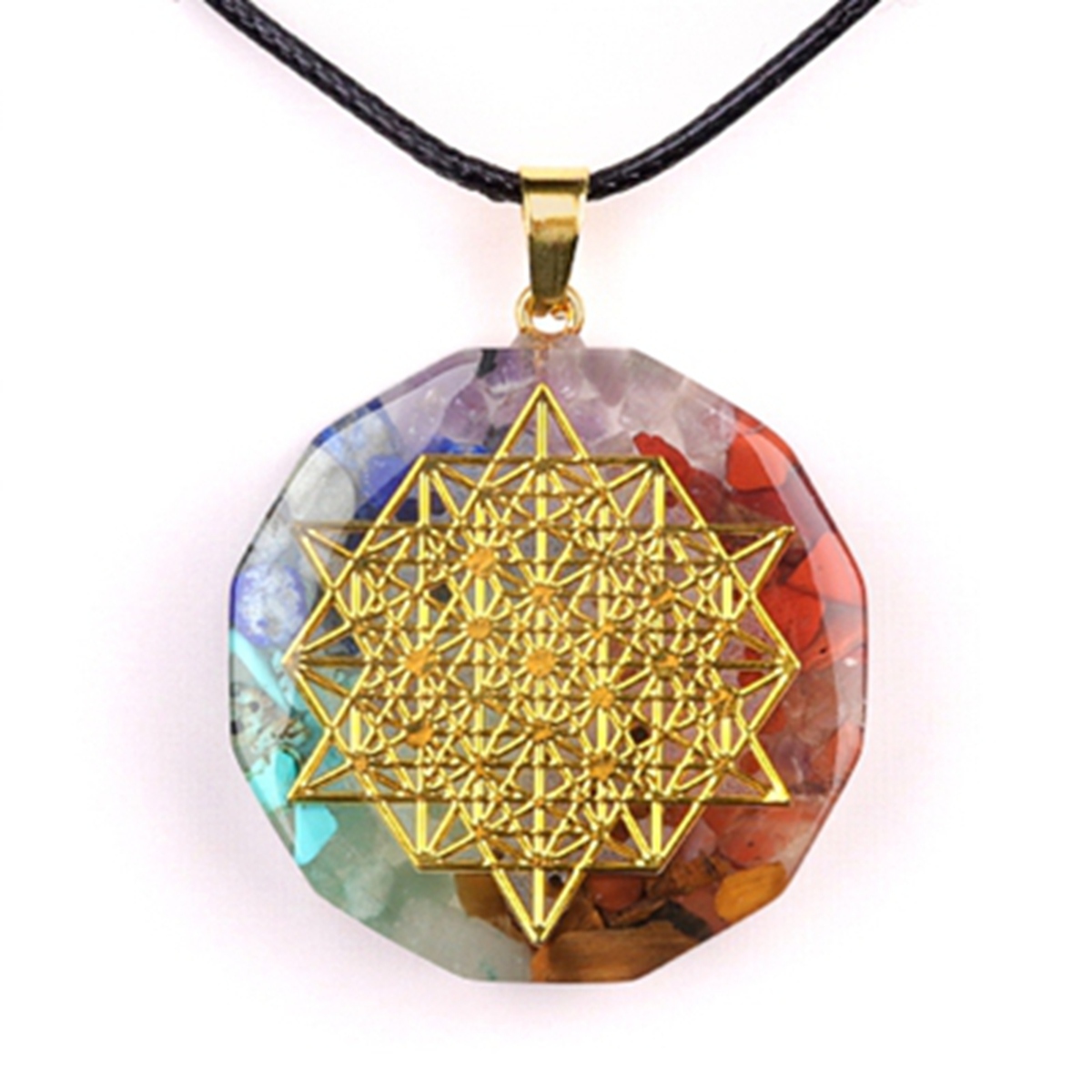 Gold Pattern Resin Polygon 7 Chakra Stone Pendant Necklace 45cm Black Cord