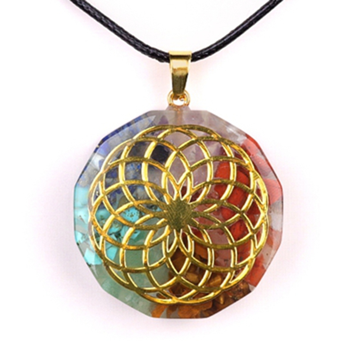 Gold Pattern Resin Polygon 7 Chakra Stone Pendant Necklace 45cm Black Cord