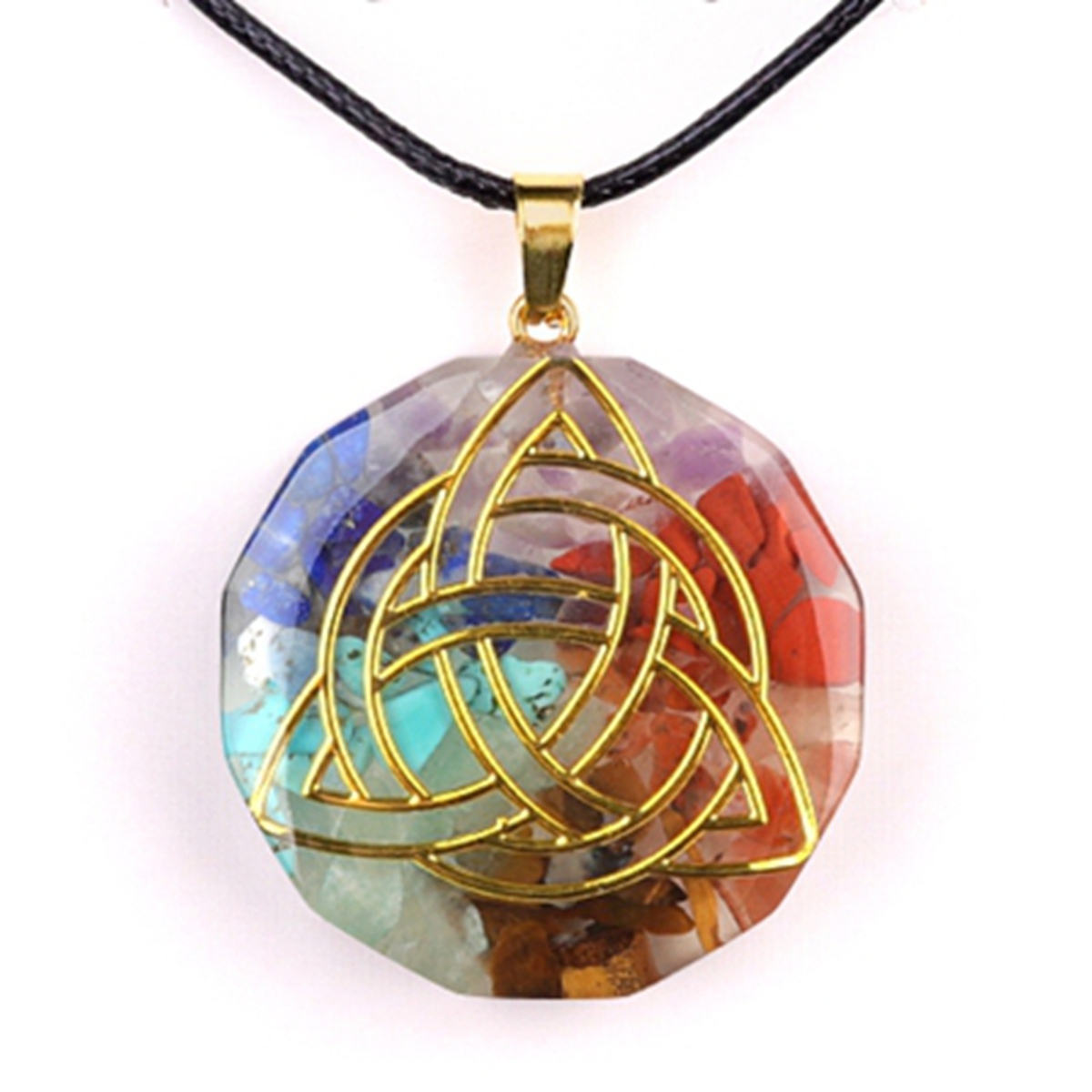 Gold Pattern Resin Polygon 7 Chakra Stone Pendant Necklace 45cm Black Cord