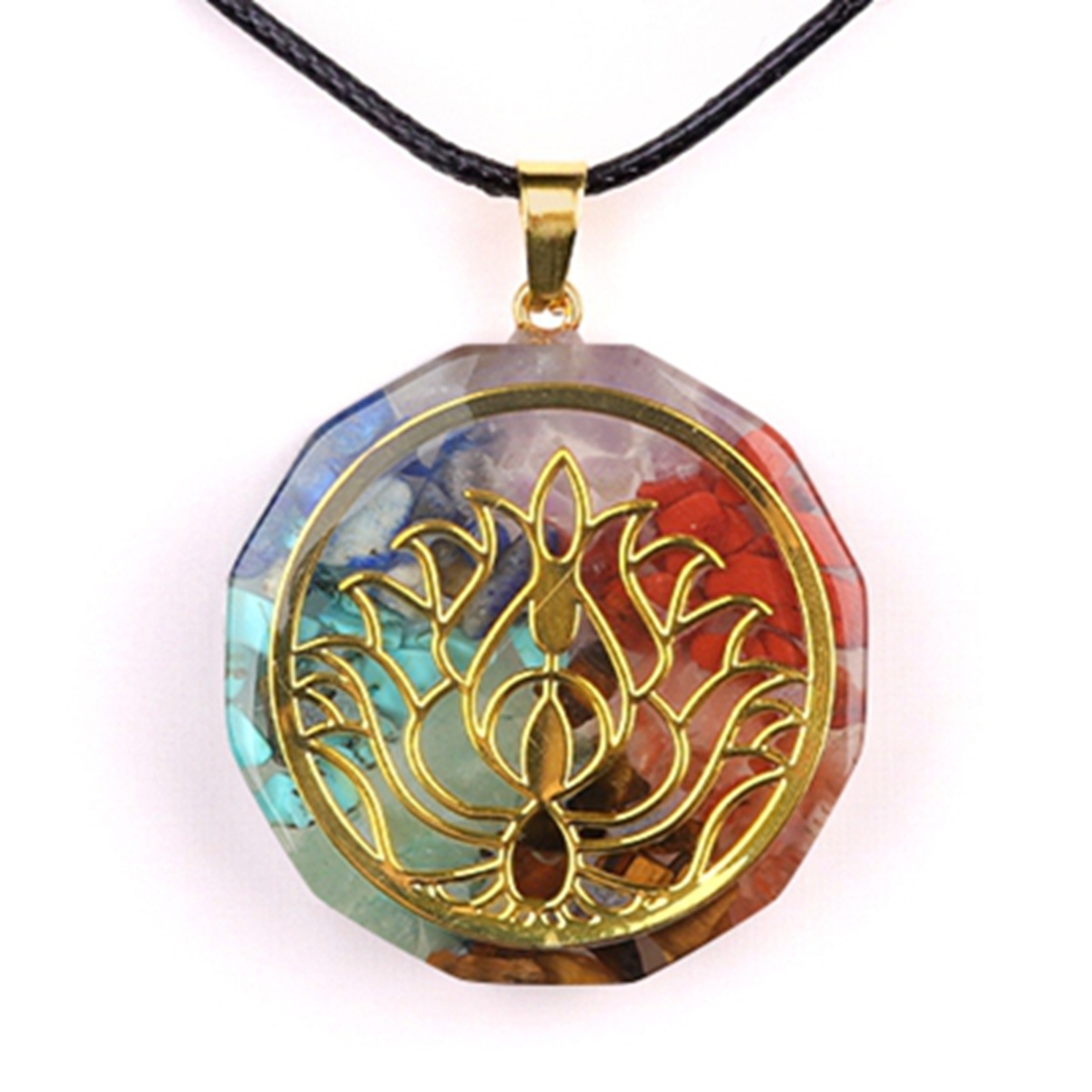 Gold Pattern Resin Polygon 7 Chakra Stone Pendant Necklace 45cm Black Cord