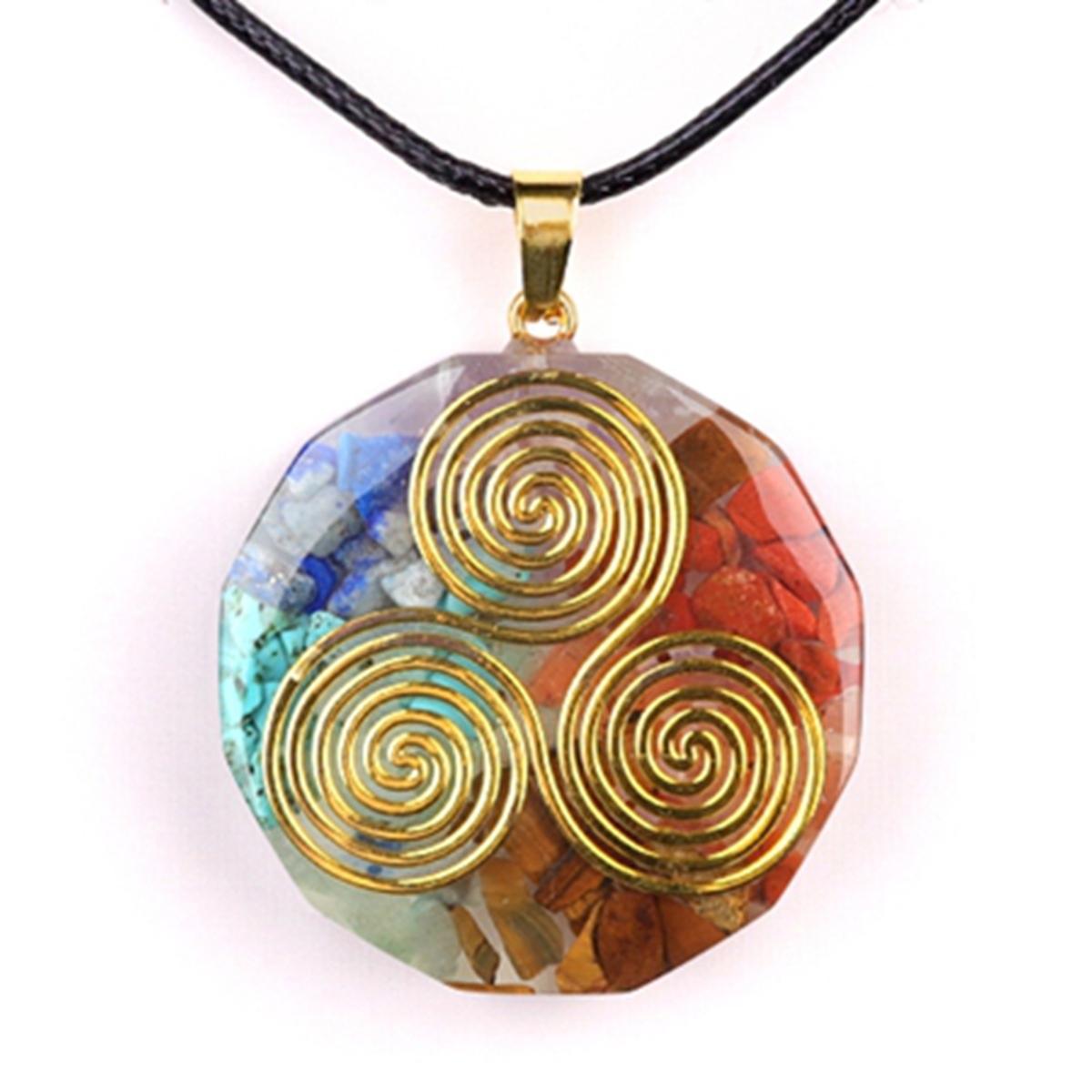 Gold Pattern Resin Polygon 7 Chakra Stone Pendant Necklace 45cm Black Cord