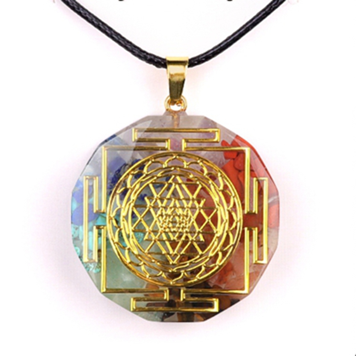 Gold Pattern Resin Polygon 7 Chakra Stone Pendant Necklace 45cm Black Cord