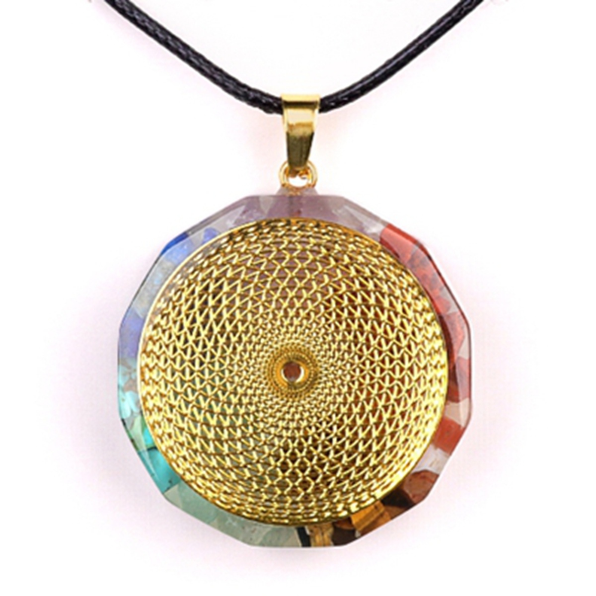 Gold Pattern Resin Polygon 7 Chakra Stone Pendant Necklace 45cm Black Cord