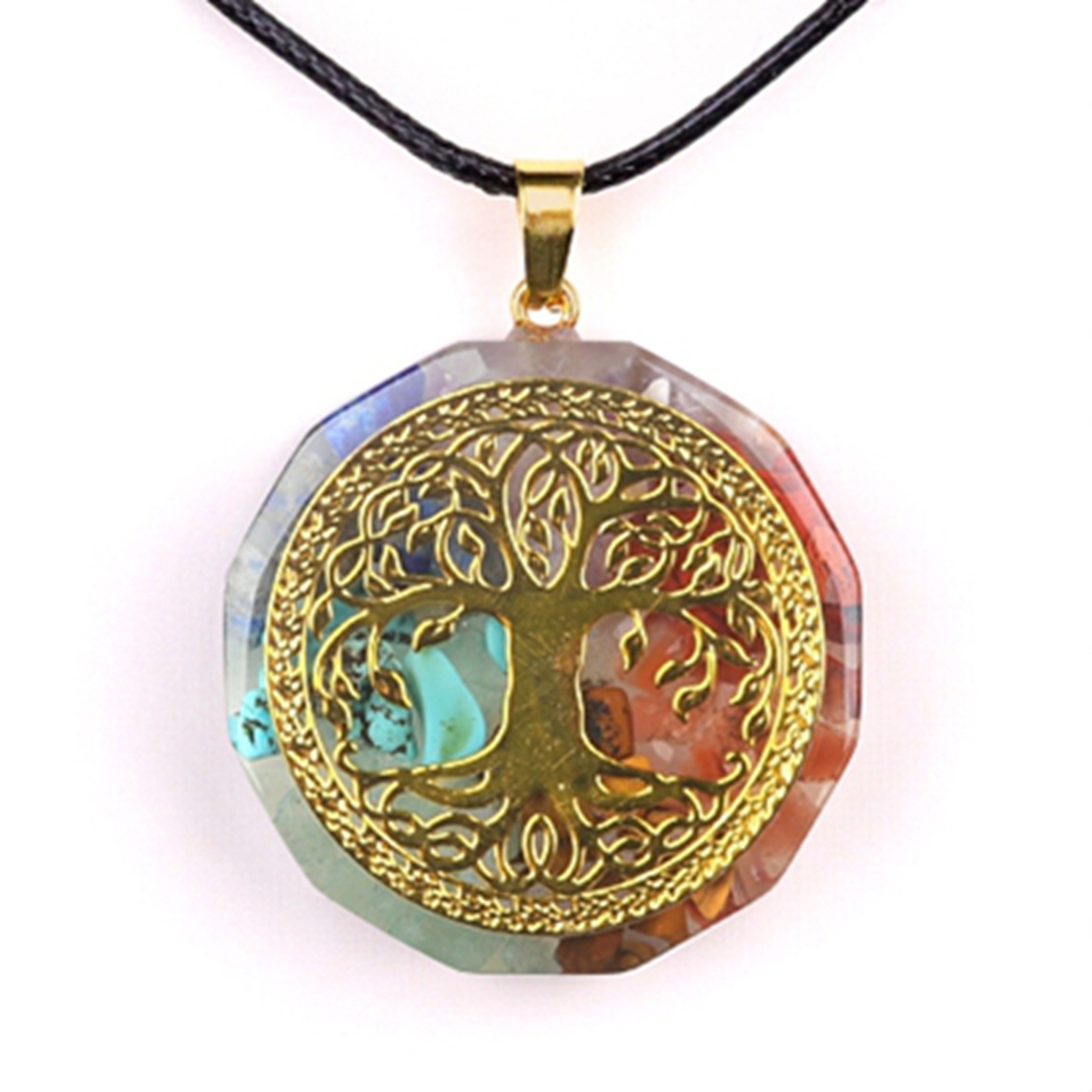 Gold Pattern Resin Polygon 7 Chakra Stone Pendant Necklace 45cm Black Cord