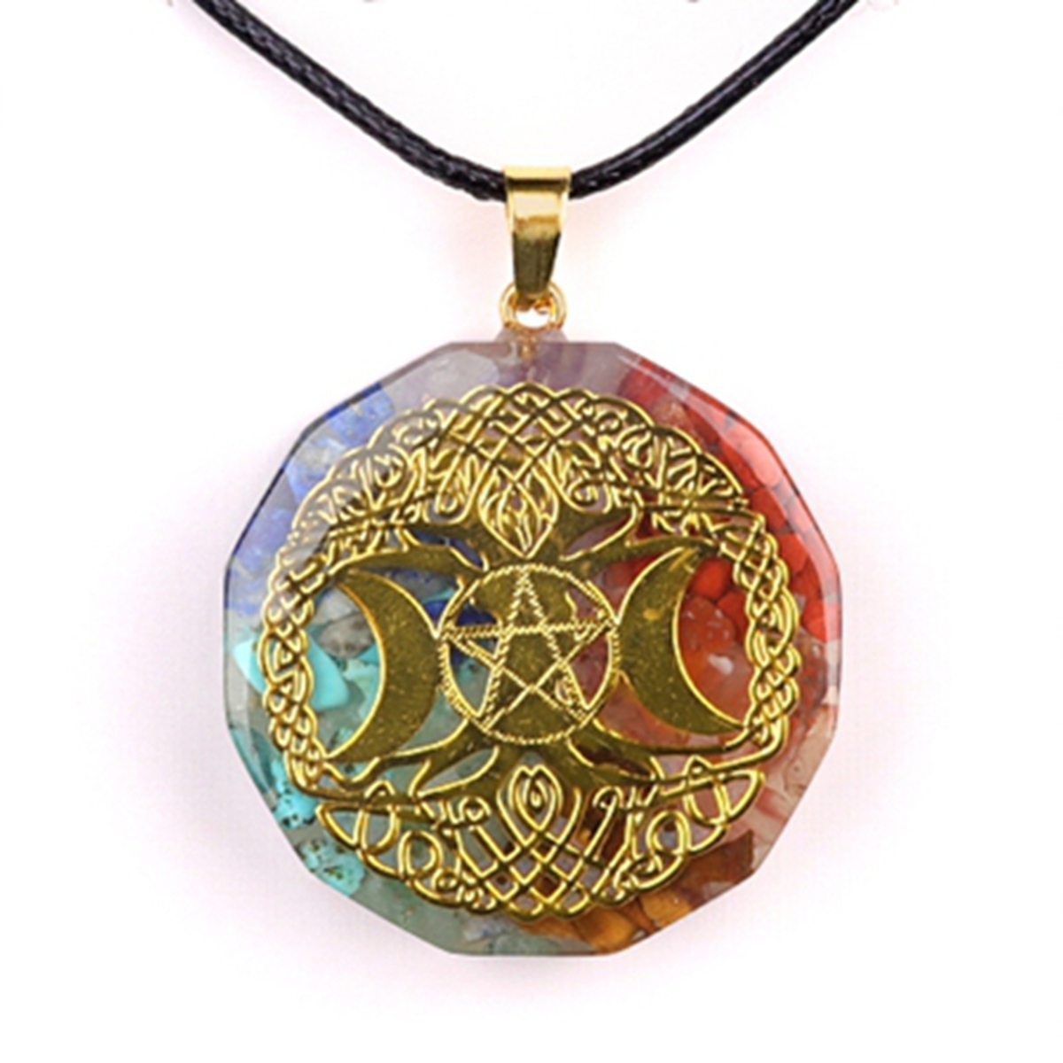 Gold Pattern Resin Polygon 7 Chakra Stone Pendant Necklace 45cm Black Cord