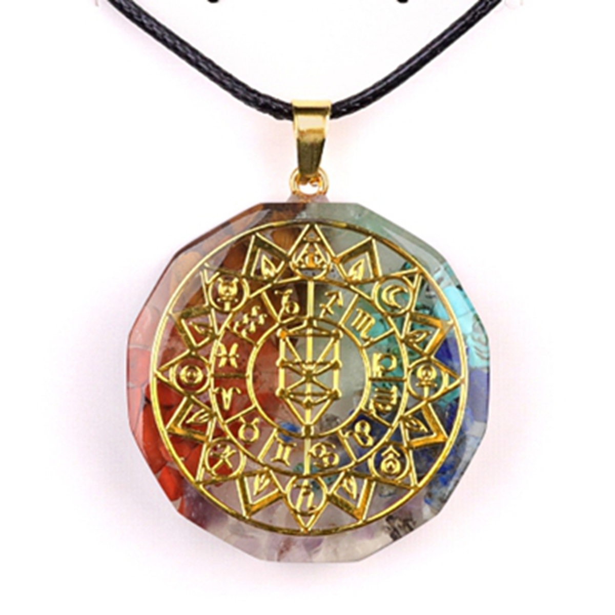 Gold Pattern Resin Polygon 7 Chakra Stone Pendant Necklace 45cm Black Cord