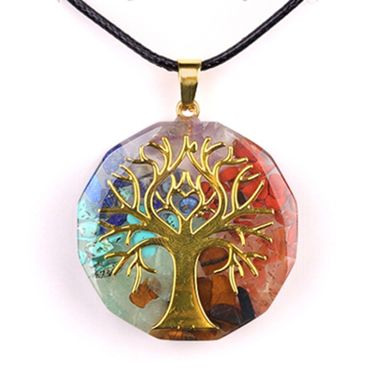 Gold Pattern Resin Polygon 7 Chakra Stone Pendant Necklace 45cm Black Cord