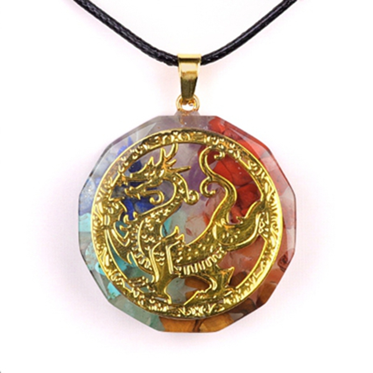 Gold Pattern Resin Polygon 7 Chakra Stone Pendant Necklace 45cm Black Cord