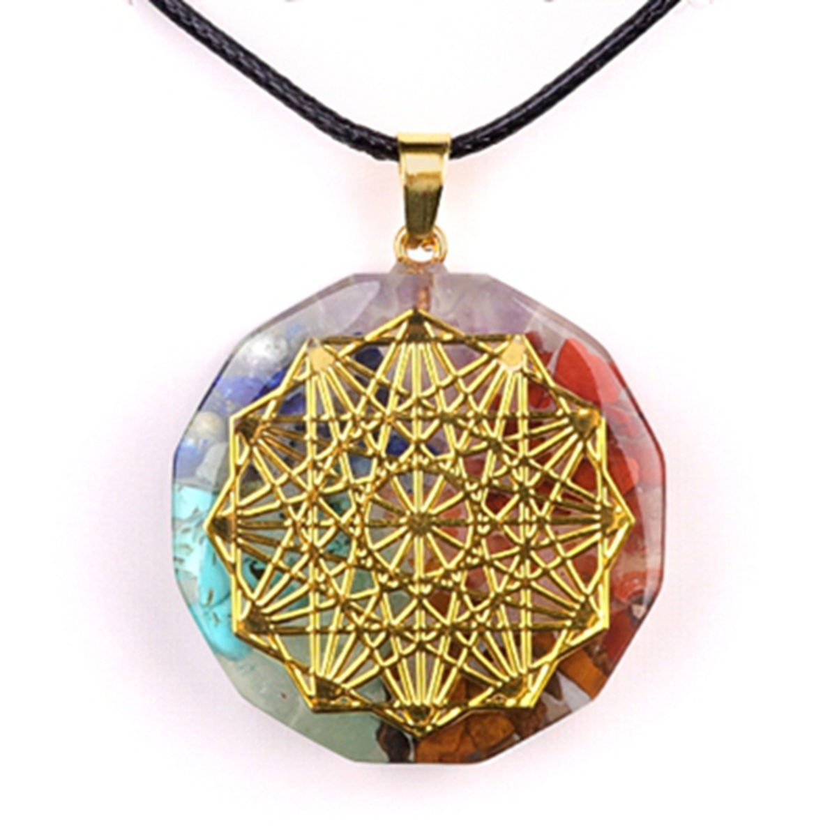 Gold Pattern Resin Polygon 7 Chakra Stone Pendant Necklace 45cm Black Cord
