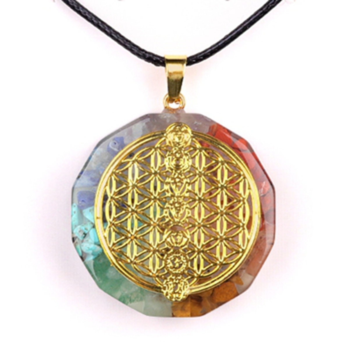 Gold Pattern Resin Polygon 7 Chakra Stone Pendant Necklace 45cm Black Cord
