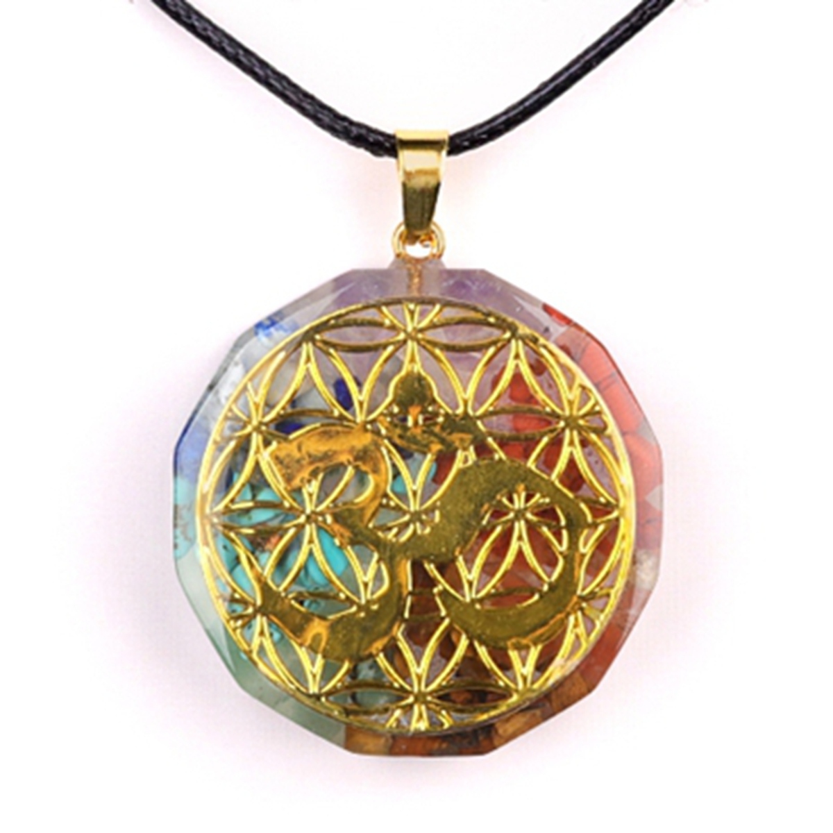 Gold Pattern Resin Polygon 7 Chakra Stone Pendant Necklace 45cm Black Cord