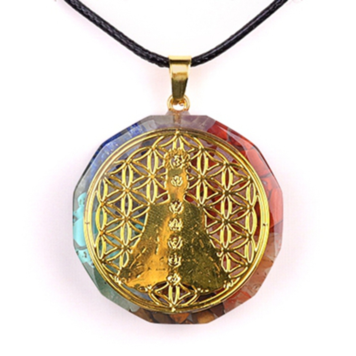Gold Pattern Resin Polygon 7 Chakra Stone Pendant Necklace 45cm Black Cord