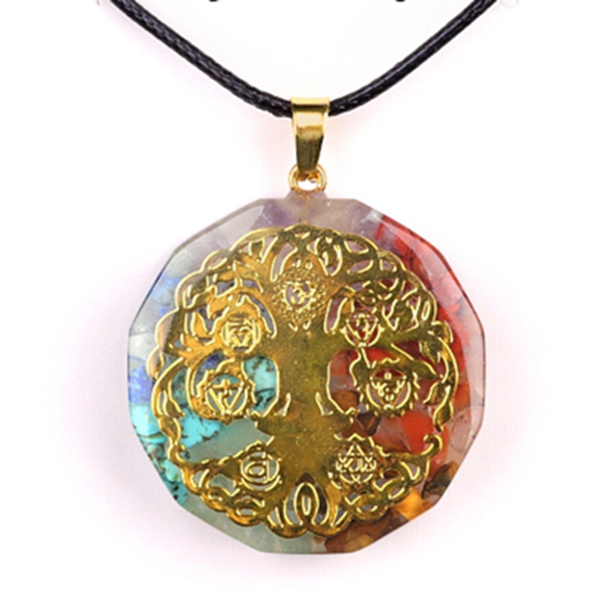 Gold Pattern Resin Polygon 7 Chakra Stone Pendant Necklace 45cm Black Cord
