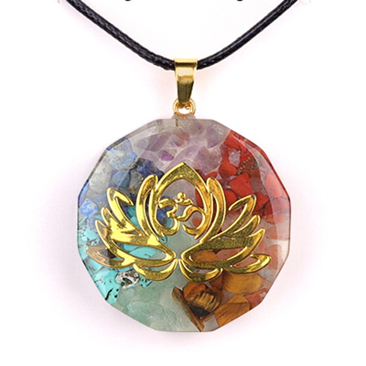 Gold Pattern Resin Polygon 7 Chakra Stone Pendant Necklace 45cm Black Cord