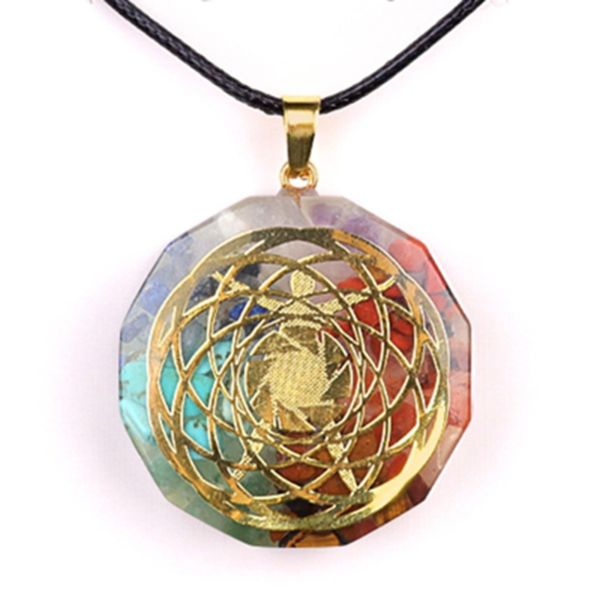 Gold Pattern Resin Polygon 7 Chakra Stone Pendant Necklace 45cm Black Cord