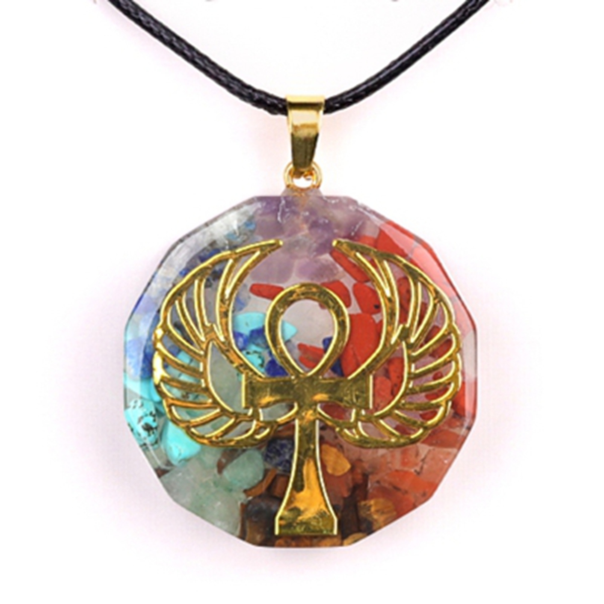 Gold Pattern Resin Polygon 7 Chakra Stone Pendant Necklace 45cm Black Cord
