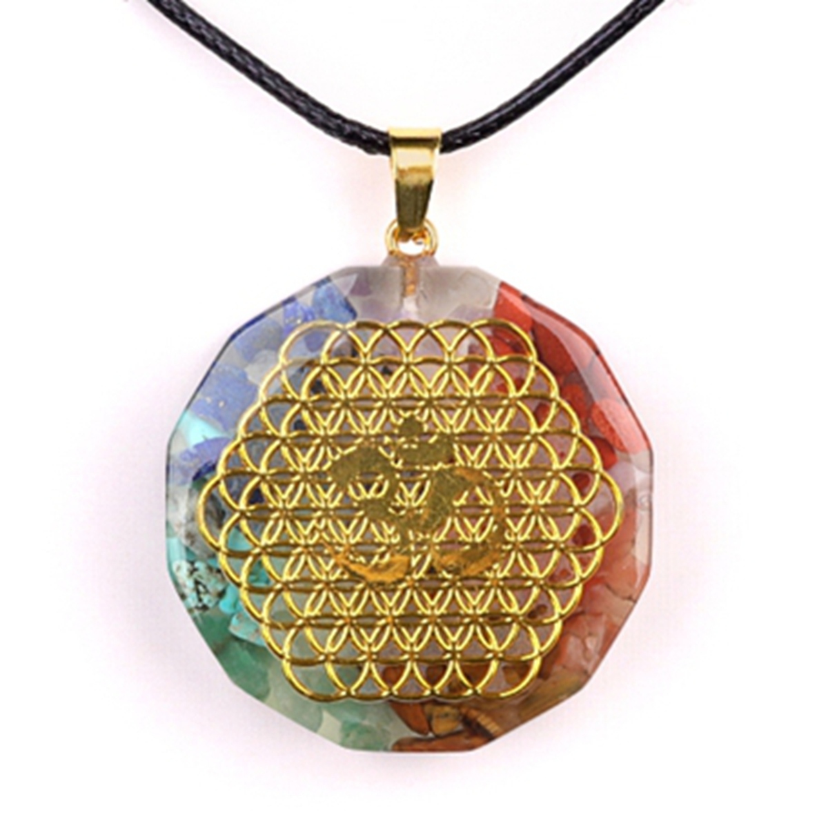 Gold Pattern Resin Polygon 7 Chakra Stone Pendant Necklace 45cm Black Cord