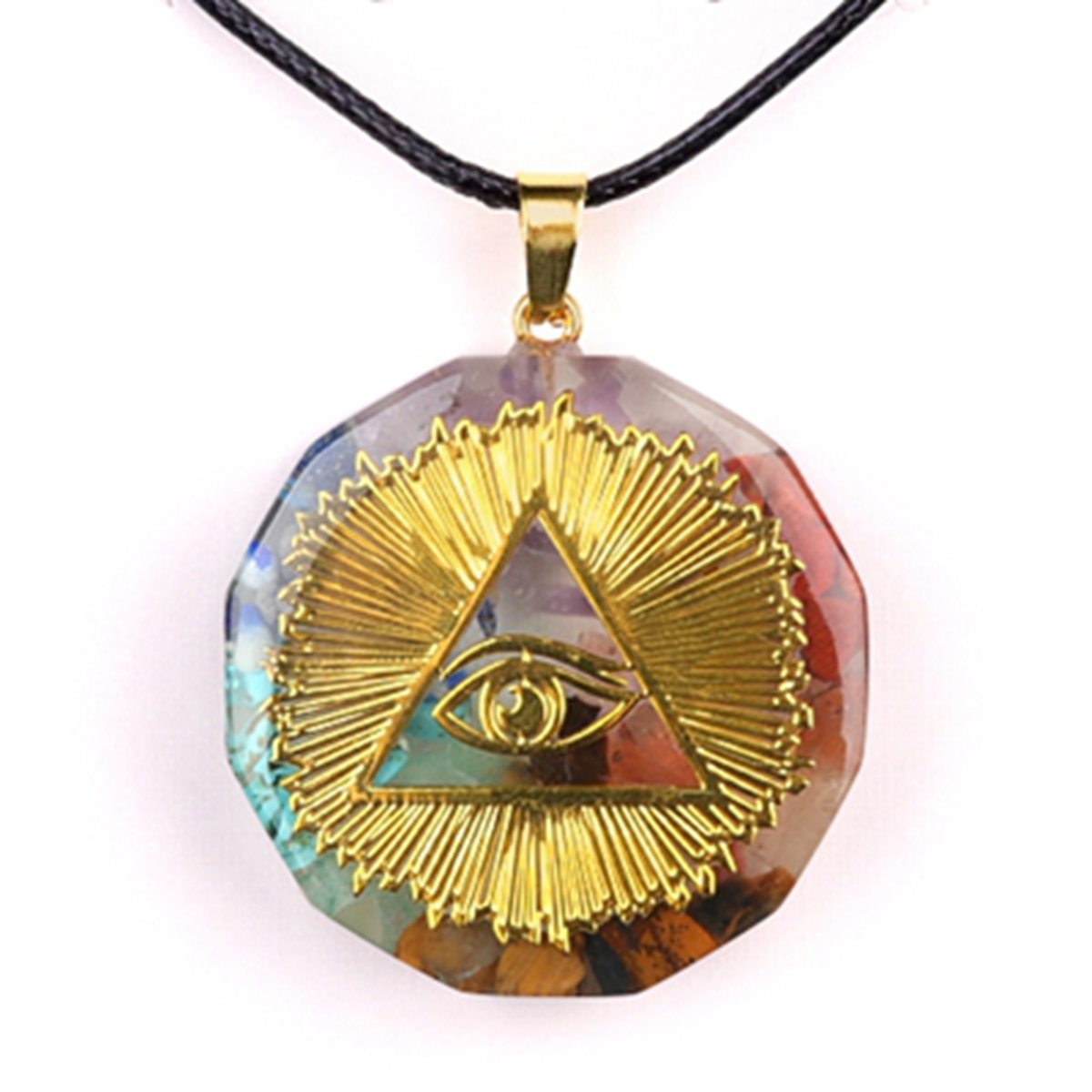 Gold Pattern Resin Polygon 7 Chakra Stone Pendant Necklace 45cm Black Cord