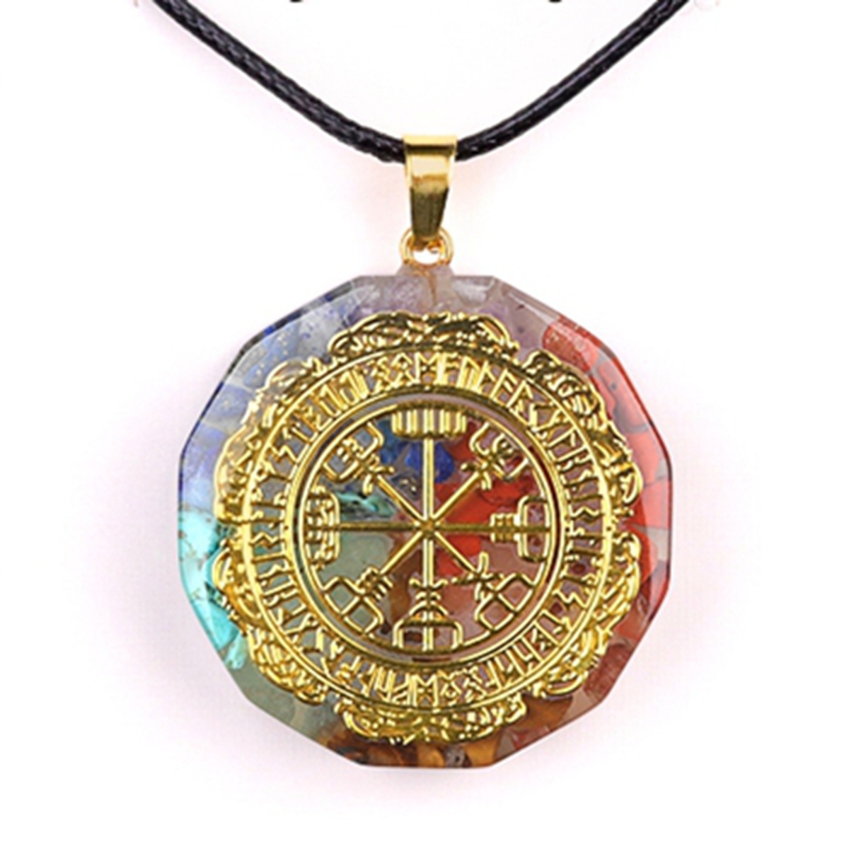 Gold Pattern Resin Polygon 7 Chakra Stone Pendant Necklace 45cm Black Cord