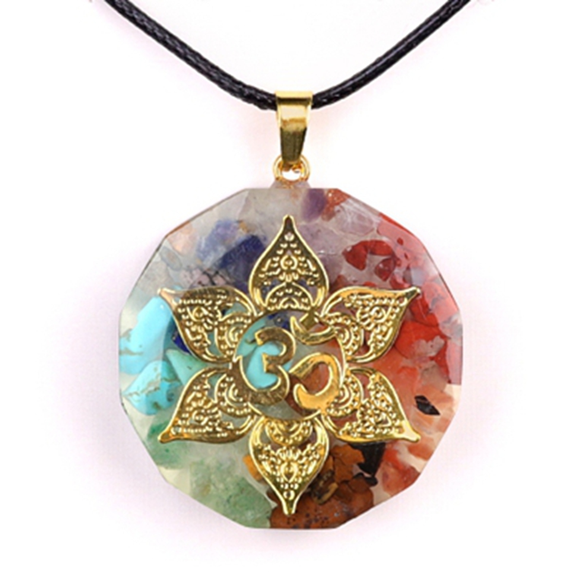 Gold Pattern Resin Polygon 7 Chakra Stone Pendant Necklace 45cm Black Cord