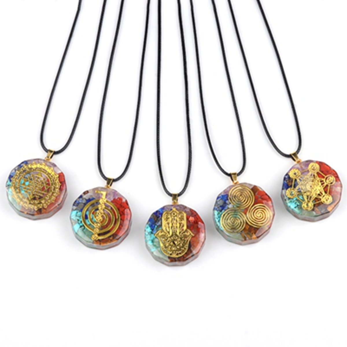 Gold Pattern Resin Polygon 7 Chakra Stone Pendant Necklace 45cm Black Cord