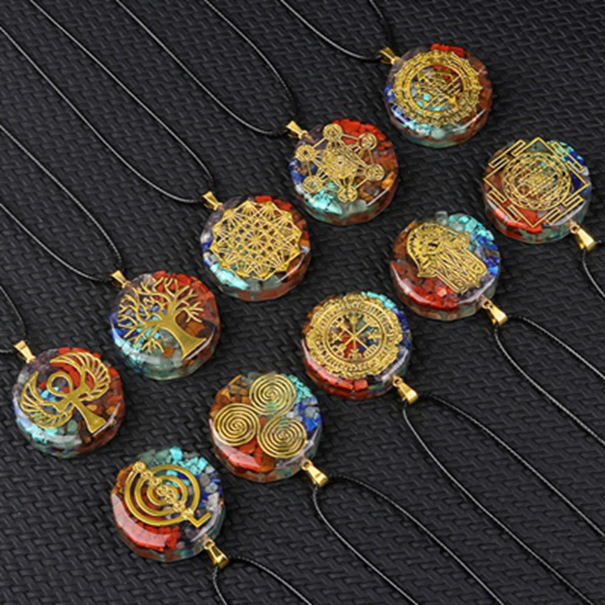 Gold Pattern Resin Polygon 7 Chakra Stone Pendant Necklace 45cm Black Cord