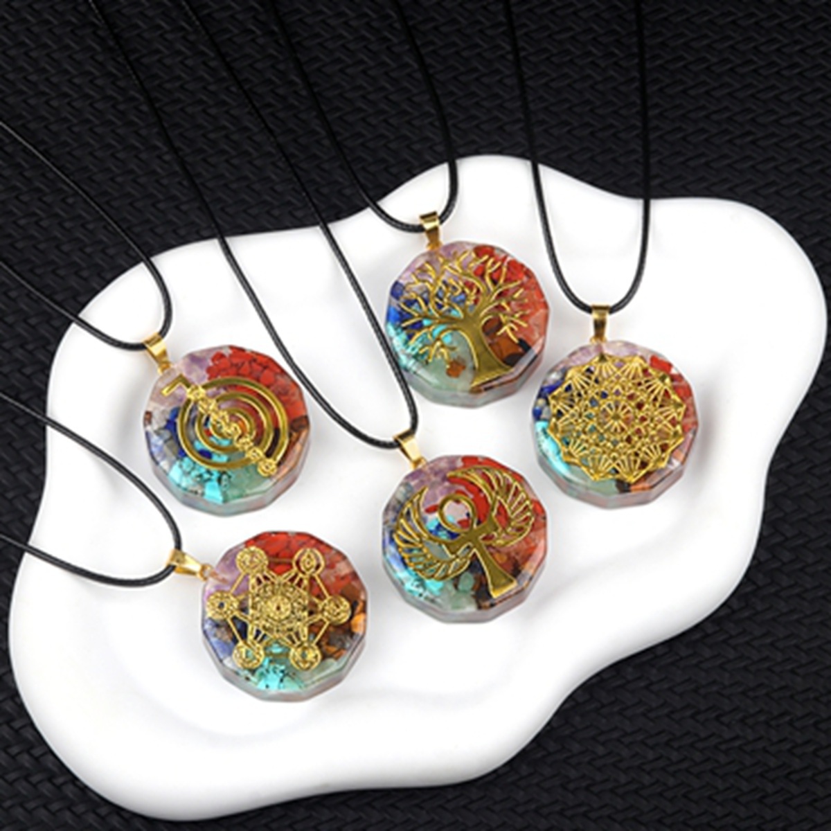 Gold Pattern Resin Polygon 7 Chakra Stone Pendant Necklace 45cm Black Cord