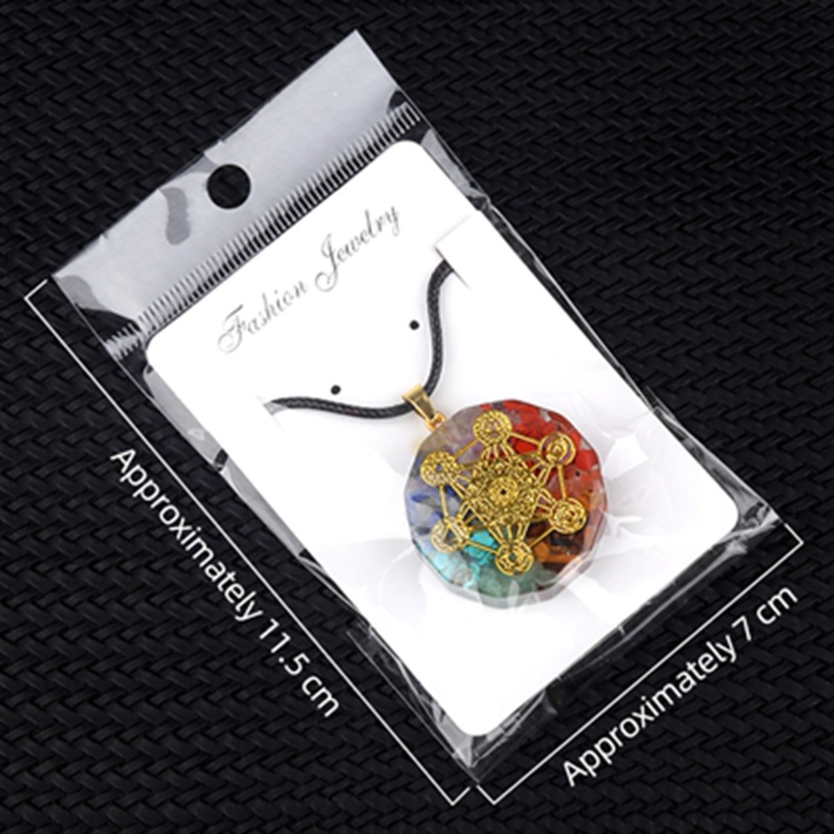 Gold Pattern Resin Polygon 7 Chakra Stone Pendant Necklace 45cm Black Cord